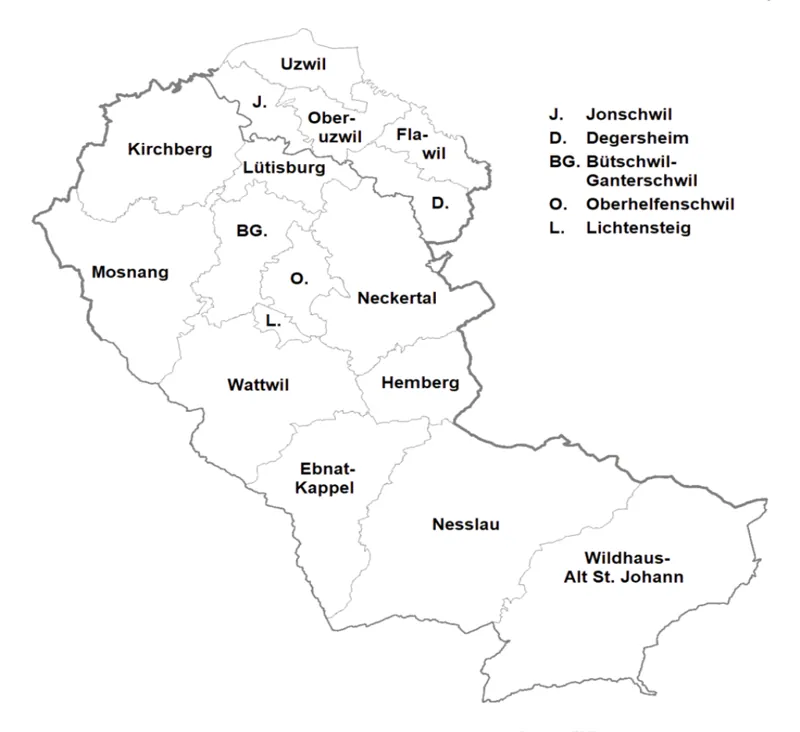 Karte des Toggenburgs mit den Gemeinden, in denen der Samichlaus gebucht werden kann